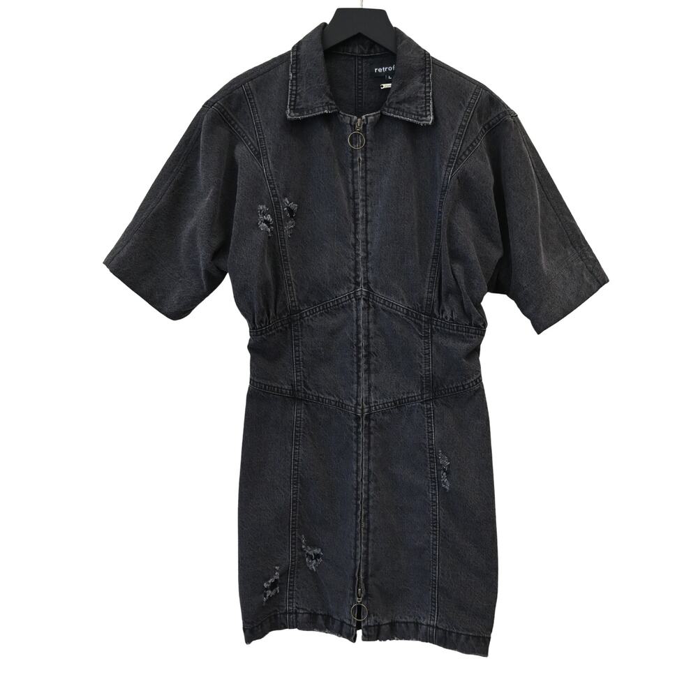 Retrofete Distressed Black Denim Mini Dress Size L